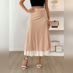 Elegant Tan and Cream Women's Midi Skirt With Contrast Hem